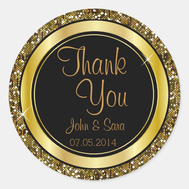 Pegatina Redonda Confetti Purpurina de oro y elegancia negra (Anverso)