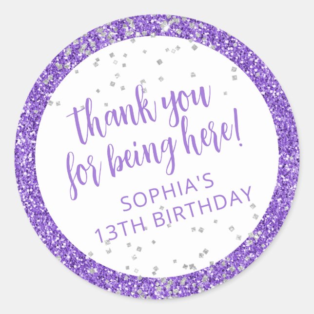 Pegatina Redonda Confetti, Purpurina de Plata Púrpura Gracias (Anverso)