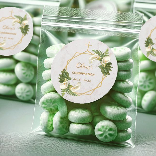 Pegatina Redonda Confirmación Calla Lilies Fern Floral Gold Marble (Subido por el creador)