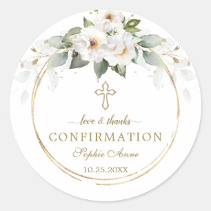 Pegatina Redonda Confirmación de Charm Wild White Roses Gold Cross