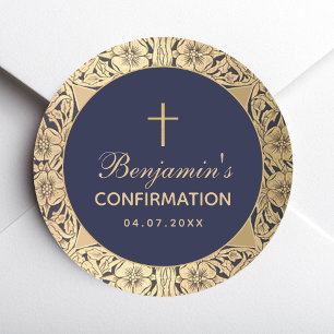 Pegatina Redonda Confirmación de Niño Rosas Doradas Vintage Azul Ma