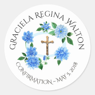 Pegatina Redonda Confirmación del Crucifijo Dahlias Azul Floral