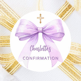 Pegatina Redonda Confirmation lavender bow girl cross