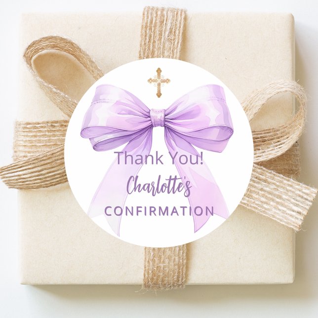 Pegatina Redonda Confirmation lavender bow girl cross thank you (Subido por el creador)