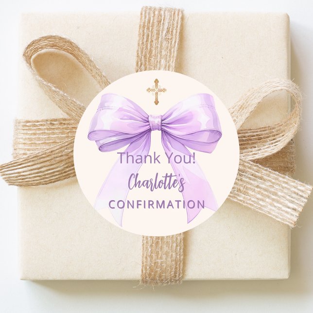 Pegatina Redonda Confirmation lavender bow ivory cross thank you (Subido por el creador)