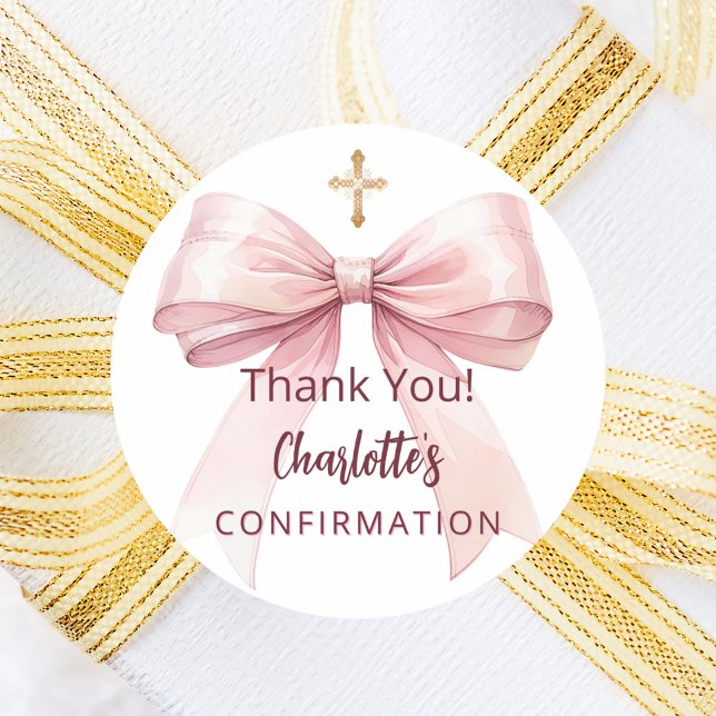Pegatina Redonda Confirmation pink bow girl cross thank you (Subido por el creador)