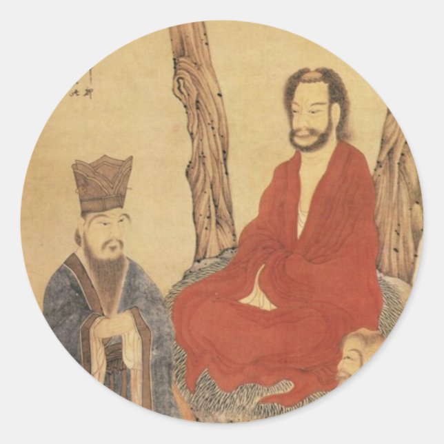 Pegatina Redonda Confucio, Lao-tzu y Arhat Budista (Anverso)