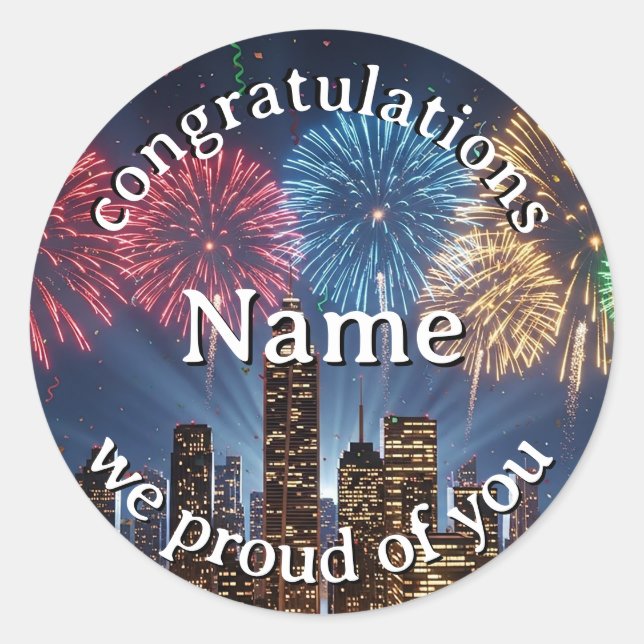 Pegatina Redonda Congratulations Custom Name Fireworks City Skyline (Anverso)