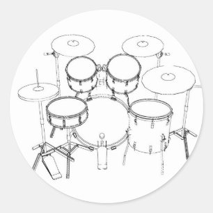 Pegatina Redonda Conjunto de tambores de 5 piezas: Dibujo en blanco