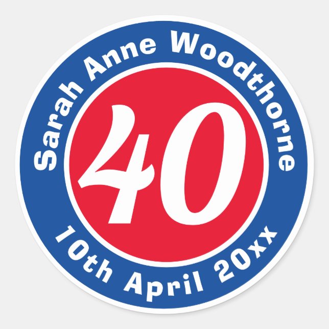 Pegatina Redonda Conmemoración de cumpleaños con nombre, edad y fec (Anverso)