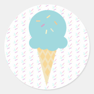 Pegatina Redonda Cono de Helado Azul Purpurina Estrellas Puntos