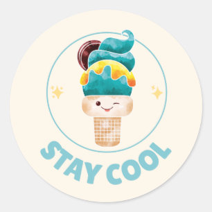 Pegatina Redonda Cono de helado de acuarela Mantén la calma Pastel