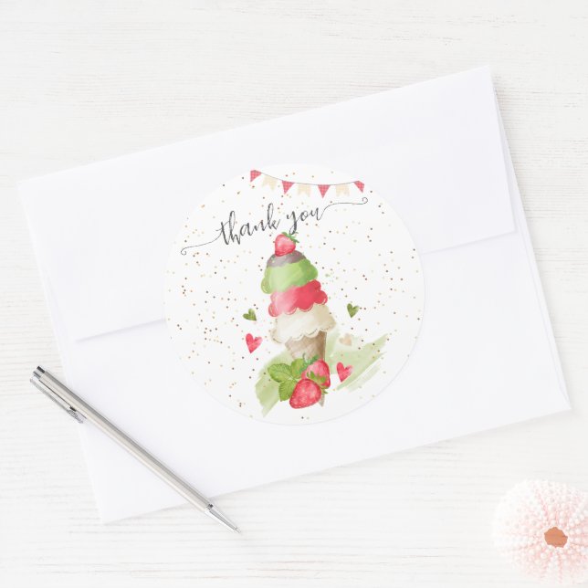 Pegatina Redonda Cono de helado de fresa "gracias" (Sobre)