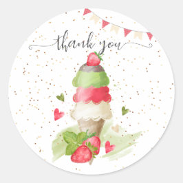 Pegatina Redonda Cono de helado de fresa "gracias"