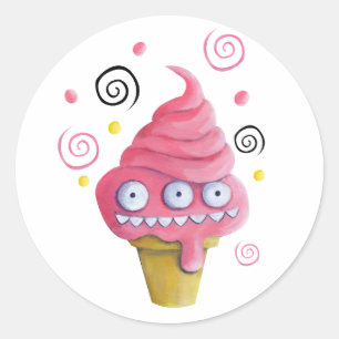 Pegatina Redonda Cono de helado de monstruo rosa