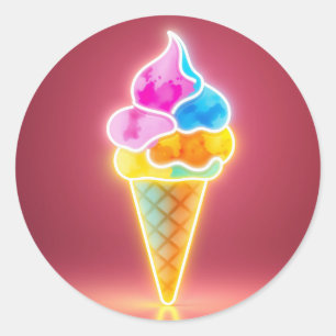 Pegatina Redonda Cono de helado de neón brillante con soplete vibra