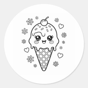 Pegatina Redonda Cono de helado kawaii para colorear