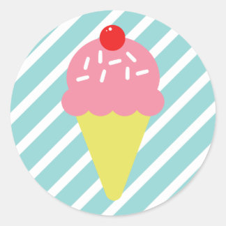 Pegatina Redonda Cono de helado rosa retro con franjas azules