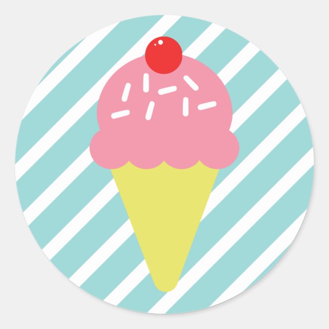 Pegatina Redonda Cono de helado rosa retro con franjas azules (Anverso)