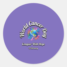 Pegatina Redonda Conquistar Con Esperanza. Día Mundial del Cáncer.
