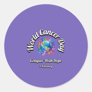 Pegatina Redonda Conquistar Con Esperanza. Día Mundial del Cáncer.
