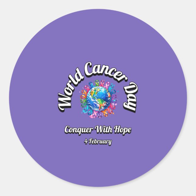 Pegatina Redonda Conquistar Con Esperanza. Día Mundial del Cáncer. (Anverso)