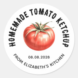 Pegatina Redonda Conservación de tomate Ketchup con tomate acuarela