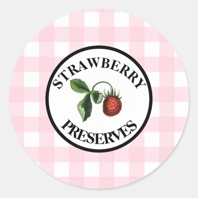 Pegatina Redonda Conservas de Fresa Retro Gingham (Anverso)