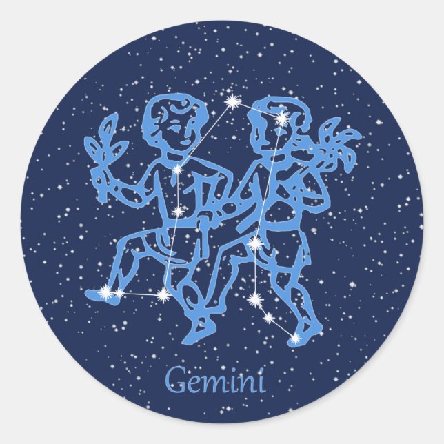 Pegatina Redonda Constelación de Gemini y Rótulo Zodiaco con estrel (Anverso)