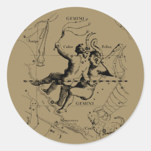 Pegatina Redonda Constelación de Gemini Zodiac Hevelius alrededor d
