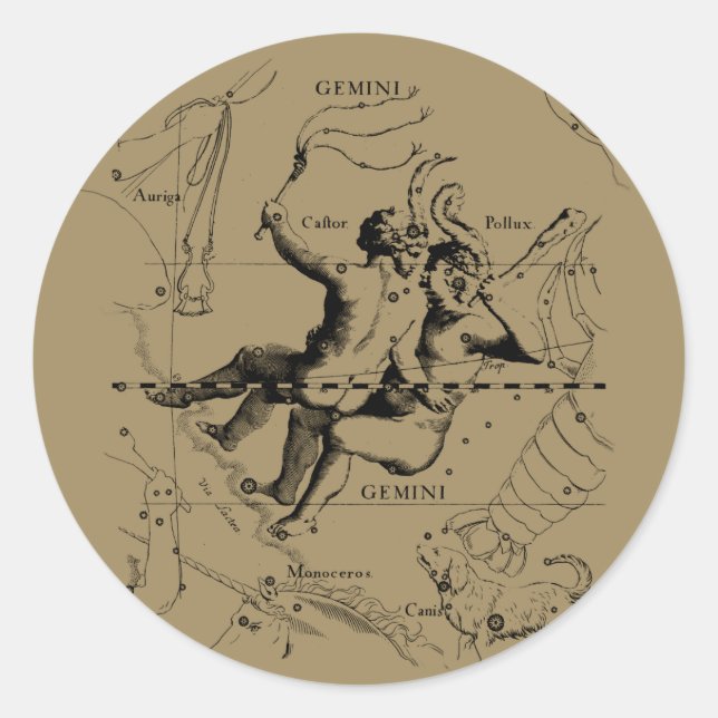 Pegatina Redonda Constelación de Gemini Zodiac Hevelius alrededor d (Anverso)