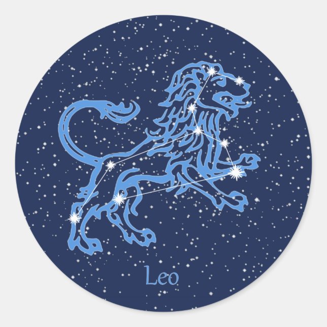 Pegatina Redonda Constelación de León y Rótulo Zodiaco con estrella (Anverso)