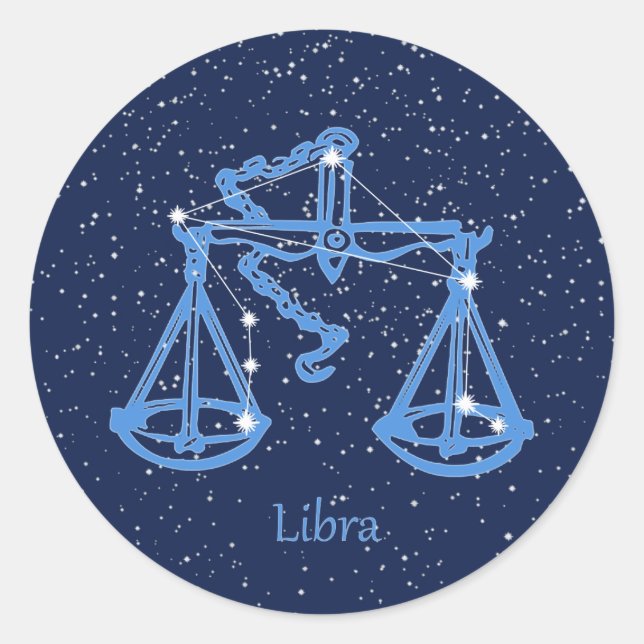 Pegatina Redonda Constelación de Libra y Rótulo Zodiaco con estrell (Anverso)