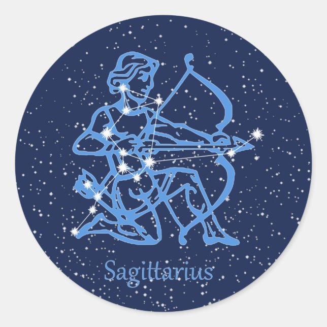 Pegatina Redonda Constelación de Sagittarius y Rótulo de Zodiac con (Anverso)