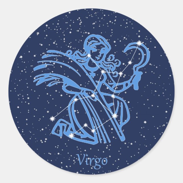 Pegatina Redonda Constelación de Virgo y Rótulo Zodiaco con estrell (Anverso)