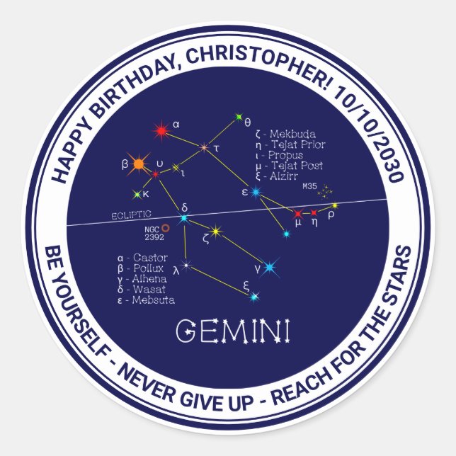 Pegatina Redonda Constelación de Zodiac Gemini (Anverso)