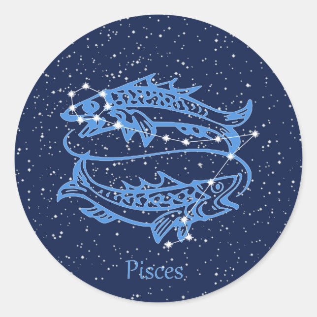 Pegatina Redonda Constelación Pisces y Rótulo Zodiaco con Estrellas (Anverso)
