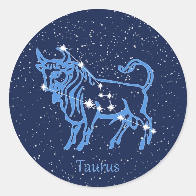 Pegatina Redonda Constelación Taurus y Rótulo Zodiaco con estrellas (Anverso)