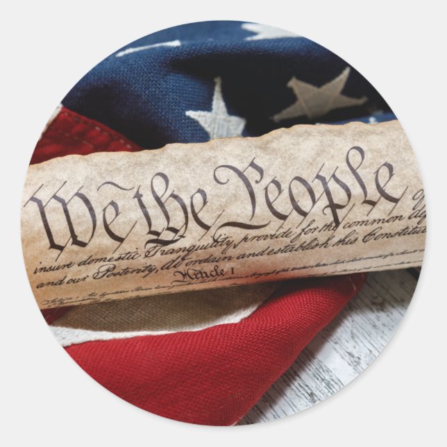 Pegatina Redonda Constitución y bandera de Estados Unidos (Anverso)