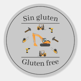 Pegatina Redonda Construcción Gris Cumpleaños Bilingüe Sin gluten