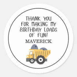 Pegatina Redonda Construcción Niños amarillos Dump Camión Cumpleaño