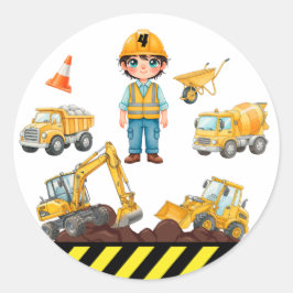 Pegatina Redonda Construction Vehicles Birthday Party Sticker