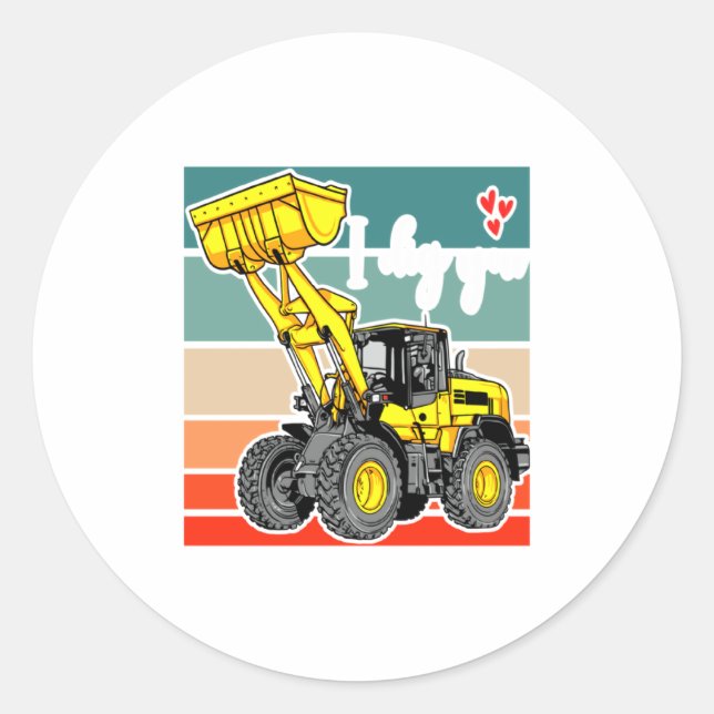 Pegatina Redonda Construction Vehicles Valentines Hearts Excavator  (Anverso)