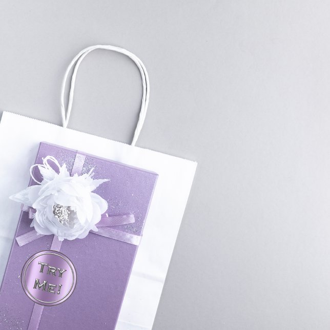 Pegatina Redonda Contenedor de ejemplo de prueba de lavanda platead (Try Me Silver Lavender Tester Sample Container Classic Round Sticker)