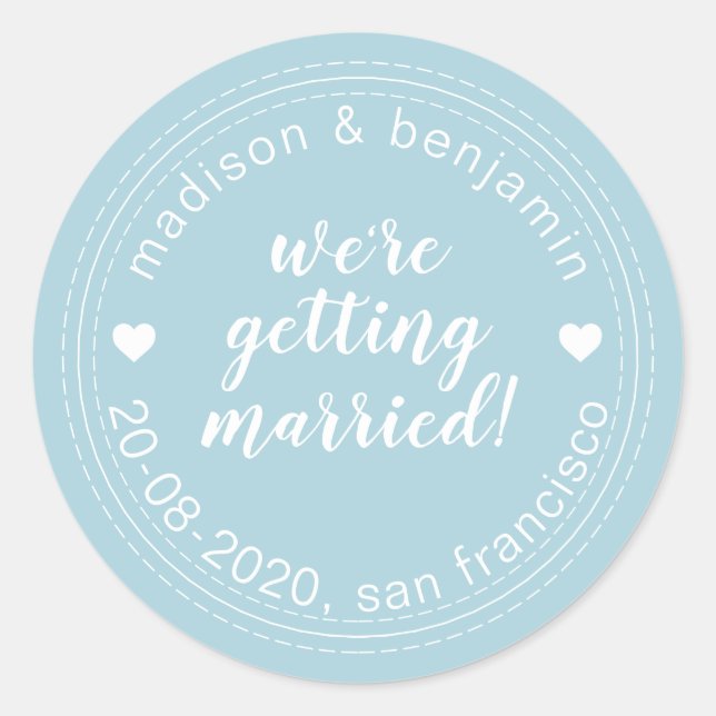 Pegatina Redonda Contraer matrimonio para salvar la fecha azul (Anverso)