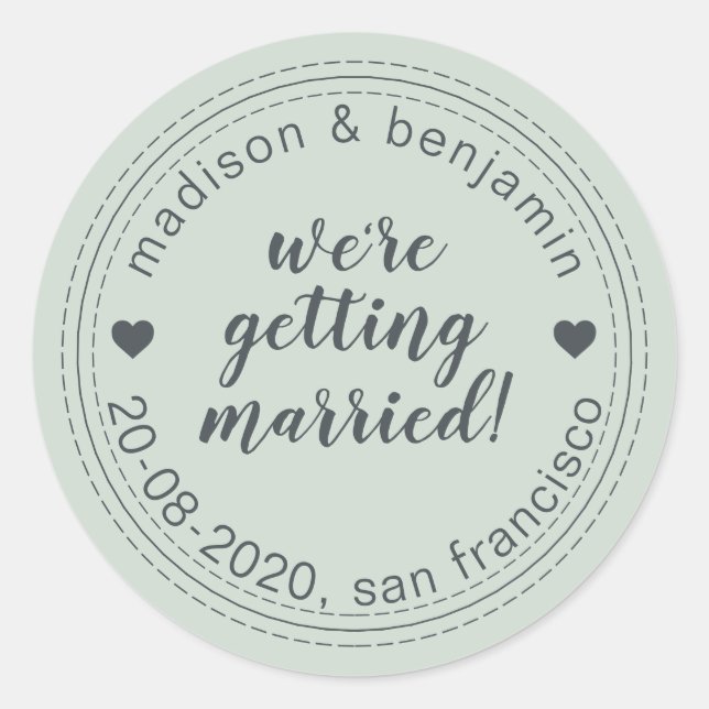 Pegatina Redonda Contraer matrimonio salva la fecha verde del Paste (Anverso)