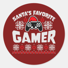 Pegatina Redonda Controlador de juego favorito de Santa Navidad Jue