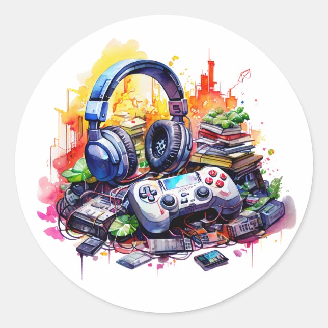 Pegatina Redonda Controlador de vídeo, audífonos, adolescente de li (Anverso)