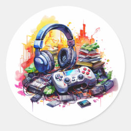 Pegatina Redonda Controlador de video, auriculares, libros para ado