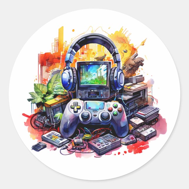 Pegatina Redonda Controlador de video y auriculares  (Anverso)